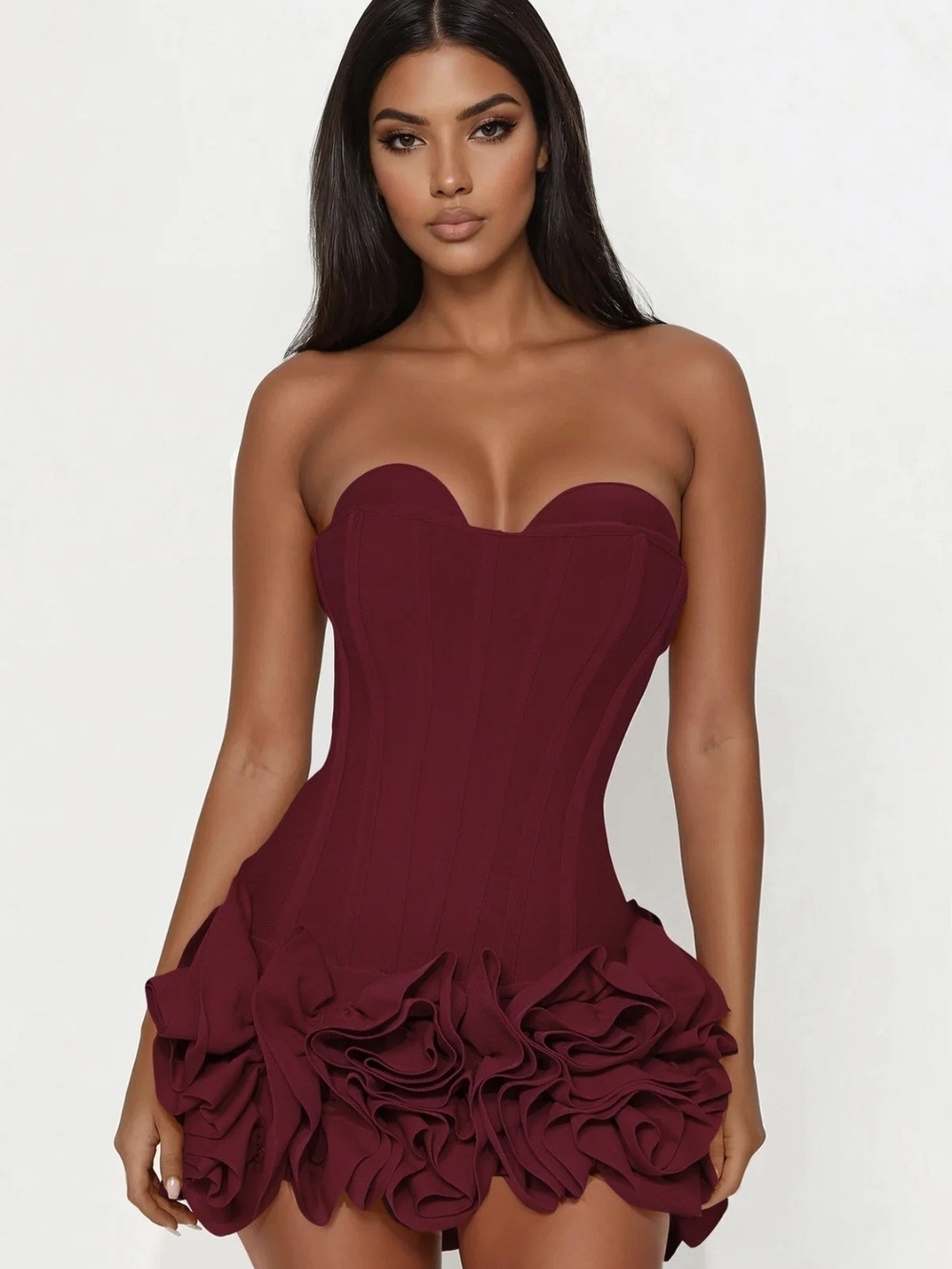 Fashion Nova Strapless Wine Ruffle Mini Dress